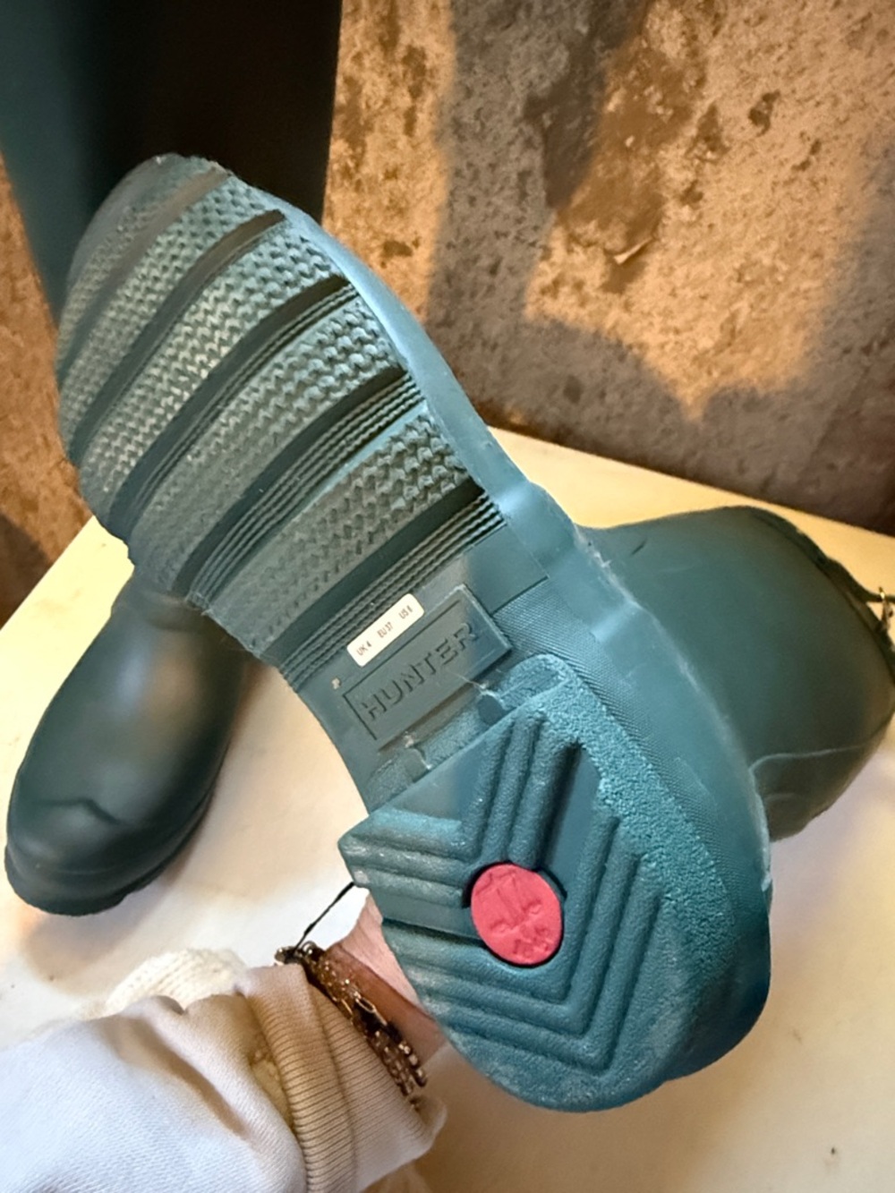 Hunter Forest Green Tall Rubber Boots with Cream Knit Socks - Picture 4 of 4